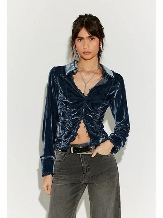 Free People So Julia Velvet Top in Varsity Navy in small reg $148 - Picture 1 of 9